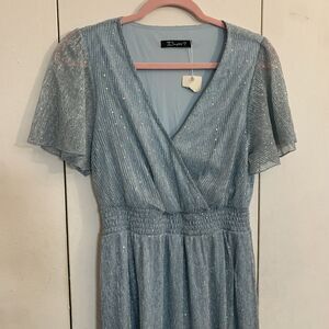 Simplee Apparel Tiered Ruffle Sleeve Maxi Dress blue glitter Womens Size s NWT